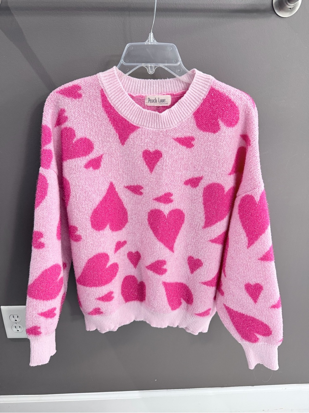 Peach Love California Pink Crewneck Sweater with Hot Pink Heart Motif
